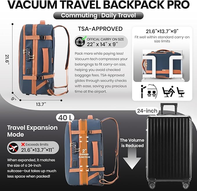 Fanwoli Vacuum Rolling Travel Backpack, Carry On Luggage with TSA Lock & Anti Theft Zipper, 70L Expandable Airback with Compression Pump, Waterproof Laptop Bag Ideal for Flight & Business,Blue