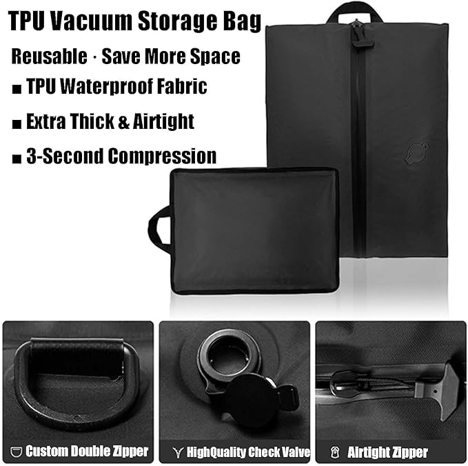Vacuum Compression Travel Bag, Waterproof Zipper, Space Saver Packing Cube with One-Way Valve & Handle, Durable TPU Polyester Material, for Luggage & Backpack (1 bag 1 pump)