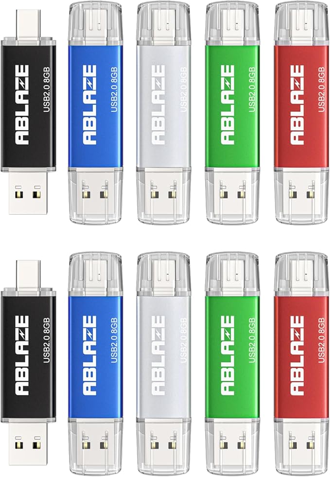 ABLAZE 8GB Type C Flash Drive 10 Pack, Dual USB 2.0+USB C Memory Stick Thumb Drive Compatible with iPhone 16/15, Android Smartphone, Computers, Tablets, Mac,iPad,PC