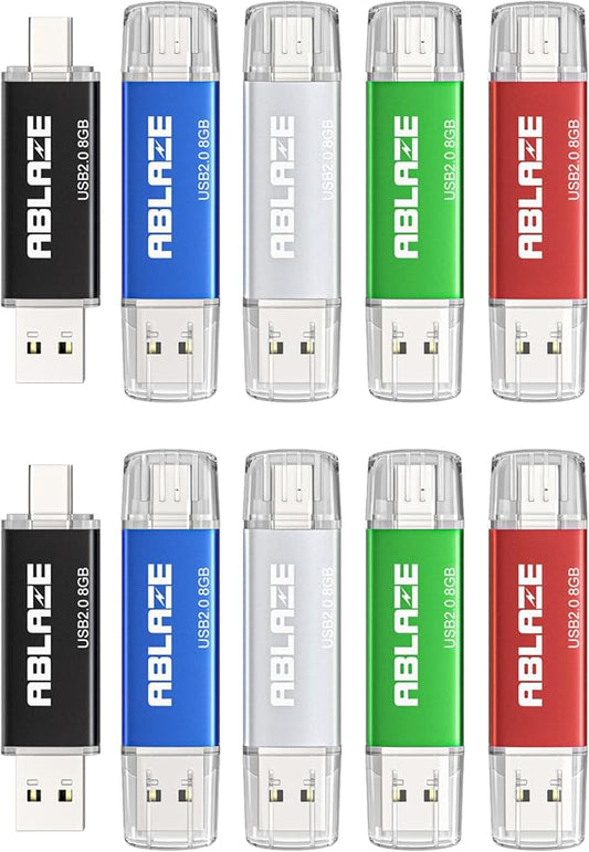 ABLAZE 8GB Type C Flash Drive 10 Pack, Dual USB 2.0+USB C Memory Stick Thumb Drive Compatible with iPhone 16/15, Android Smartphone, Computers, Tablets, Mac,iPad,PC