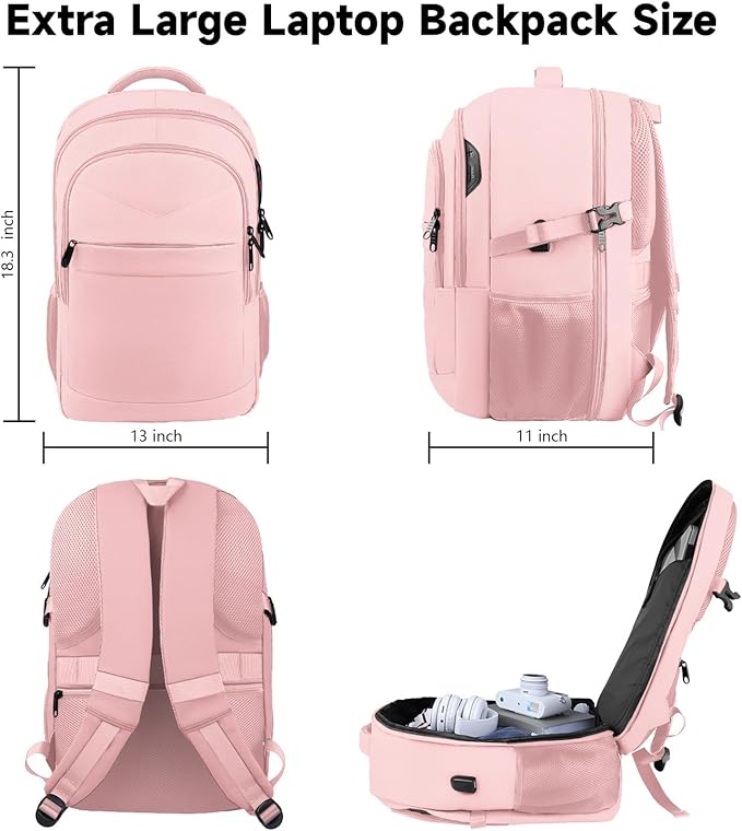 Lapsouno Large Backpack for Women, TSA 17.3 Inch Travel Laptop Backpack with USB Port, College School Business Backpack, Light Pink