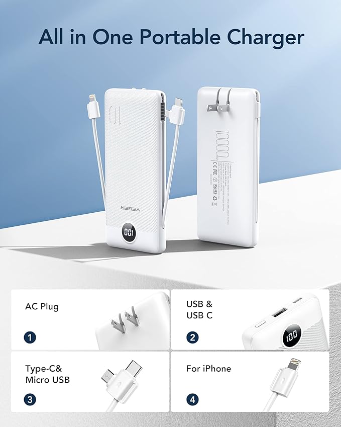 VEGER Portable Charger for iPhone Built in Cables and Wall Plug, 10000mah Slim Fast Charging USB C Power Bank, Travel Essential Battery Pack Compatible with iPhones, iPad, Samsung More Devices(White)