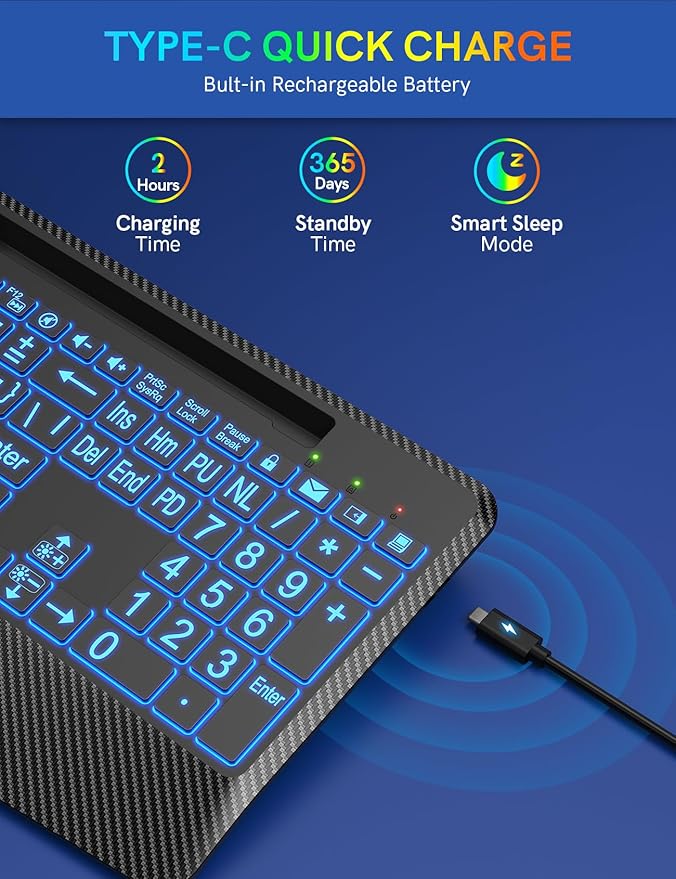Wireless Keyboard with 7 Colored Backlits, Wrist Rest, Phone Holder, Rechargeable Ergonomic Computer Keyboard with Silent Keys, Full Size Lighted Keyboard for Windows, Mac, PC, Laptop (Large Print)