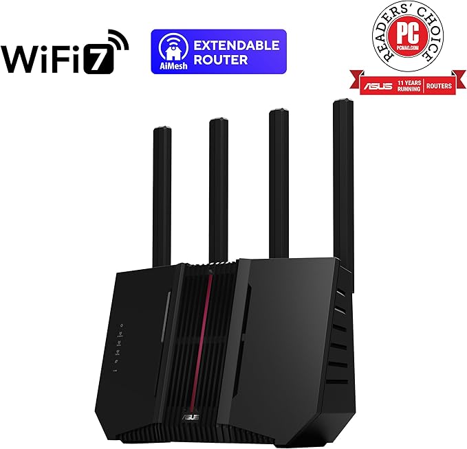 ASUS RT-BE92U BE9700 Tri-Band WiFi 7 Router, Supports New 320MHz Bandwidth & 4096-QAM, MLO, AI WAN Detection, AiMesh Support, Subscription-Free Network Security & Comprehensive VPN Features
