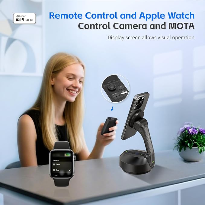 MOTA Tripod Stand Only for iPhone, 360 Degree Auto Tracking Stand for iPhone Support Native Camera and All Apps, 2 Axis Foldable Phone Holder for Video Recording with Remote Control for Desk