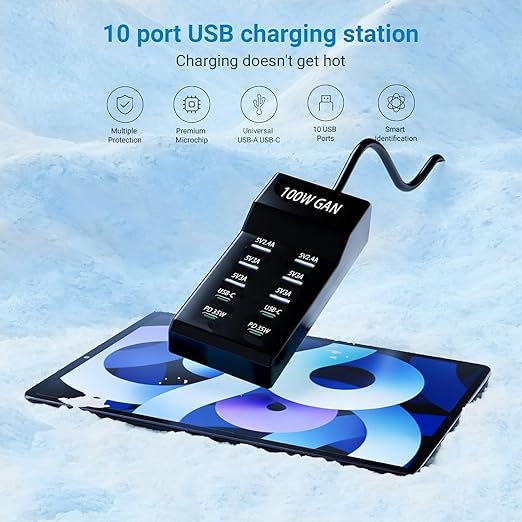 10-Port USB Charger Block - 100W6A4C Multi USB Charging Station for iPhone/iPad/Samsung Galaxy Note Tablet Android Smartphone
