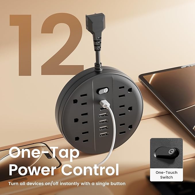 Surge Protector Power Strip, Extension Cord with 6 AC Outlets, 6 USB Ports (2 USB C) & Control Switch, Short Cord Outlet Extender, Wall Mountable Multiple Outlets for Office Home Travel RV, Black