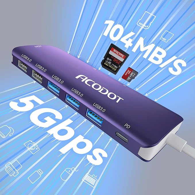 Acodot 9 in 1 USB C Hub - 4K@60Hz HDMI Adapter, 3 USB 3.0 Ports, SD/TF Card Reader, 100W PD, Multiport Adapter for MacBook Pro, Air, HP, XPS, Purple
