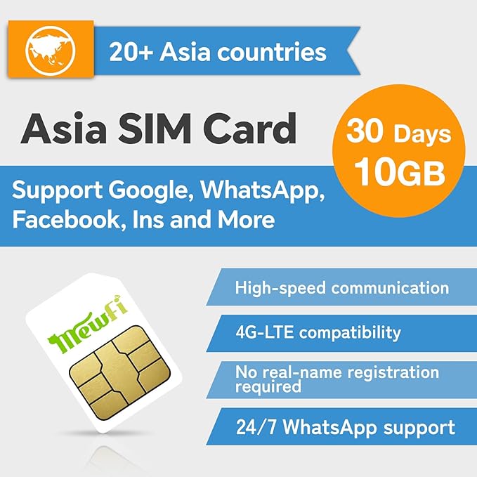 Asia SIM Card 30Days 10GB - 4G High-Speed Communication, 24/7 Whatsapp Support - Covers Japan, Korea, China & More - Use Google, Instagram, Twitter - Easy Activation - for Unlocked Smartphones