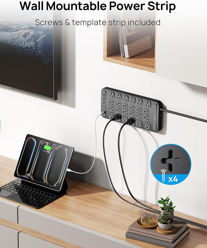 TROND Surge Protector Power Strip, 360° Rotating Flat Plug, 24 AC Outlets, 6 USB Ports Total 37W, 4000 Joules, ETL Listed, 10ft Heavy Duty Extension Cord 1875W for Gaming Dorm Room Essentials Black