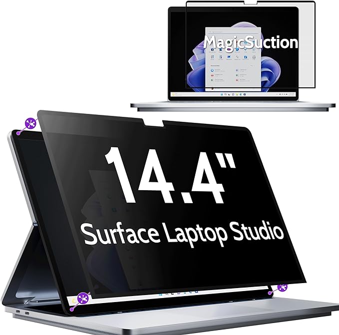 Privacy Screen for 14.4 Inch Surface Laptop Studio 2/1, MagicSuction™ Removable Anti Spy Black Protector, Glare Blue Light Filter for Microsoft Laptop Computer Monitor