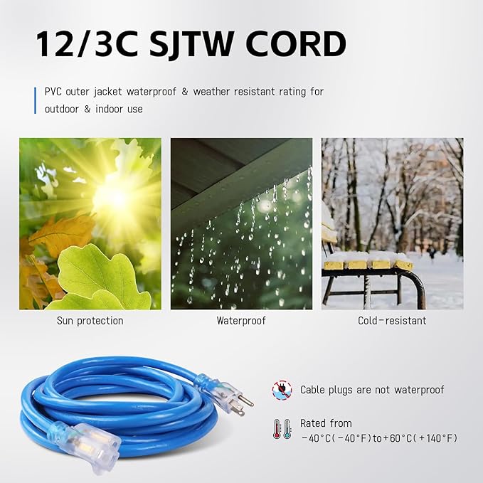 EP 50Ft Outdoor Extension Cord, 12/3 SJTW Heavy Duty Waterproof Power Cable, 3 Prong Grounded Plug, Lighted End, for Lawn, Garden, Appliances, Blue
