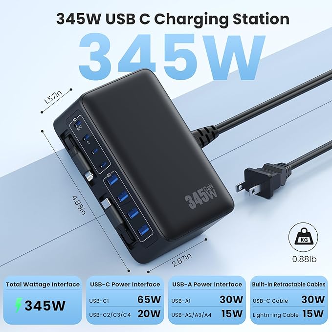 345W USB C Charger Block with 2 Built-in Retractable Cables,10-in-1 GaN IV USB C Charging Station,PD 65W Laptop Charger Power Adapter for MacBook Pro/Air,DELL,iPhone17/16/15/14,Galaxy S24,Android etc