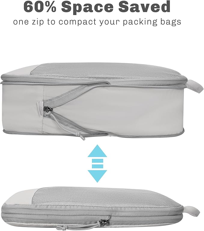 Hynes Eagle 6 Set/ 4 Set/ 2 Set Compression Packing Cubes Travel Essentials Lightweight Nylon Luggage Suitcase Organizer Bag Light Grey 4PCS