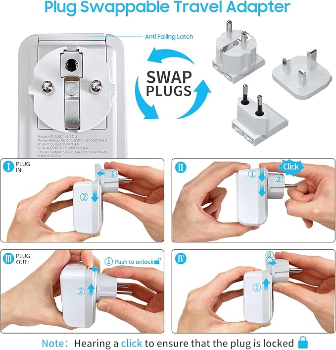 European Travel Plug Adapter Kit, VINTAR International Plug Adapter with 3 USB Ports (2 USB C,3.4A) 2 American Outlets, Type C,G,E/F Detachable Attachments, Adapter for US to UK Europe France Italy