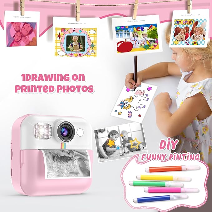 Instant Print Camera for Kids, Christmas Birthday Gifts for Girls Age 3-10, Toddler Toy for 3 4 5 6 7 8 9 10 Year Old Girls with 3 Roller Photo Paper (Pink)
