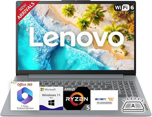 Lenovo New Ideapad Laptop with Microsoft Office 365, AMD Ryzen 5 5625U (Outperforms i7-1260U), 15.6" FHD TN Anti-Glare Display, 16GB RAM, 2TB SSD, WiFi 6, Backlit Keyboard, Windows 11 Pro, WOWPC USB