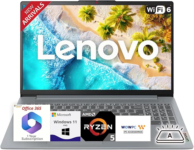 Lenovo New Ideapad Laptop with Microsoft Office 365, AMD Ryzen 5 5625U (Outperforms i7-1260U), 15.6" FHD TN Anti-Glare Display, 16GB RAM, 1TB SSD, WiFi 6, Backlit Keyboard, Windows 11 Pro, WOWPC USB