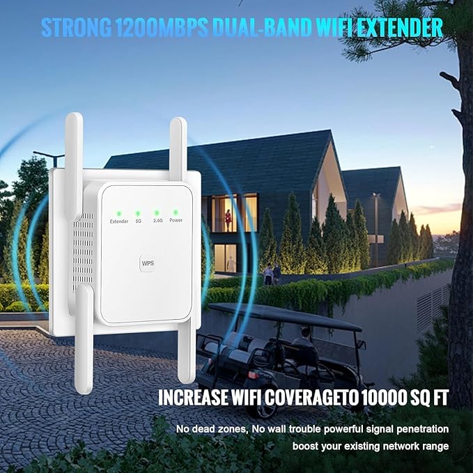 WiFi Extender Signal Booster-WiFi Extender 1200Mbps Dual Band (5GHz/2.4GHz) 360 Full CoverageUp to (4000 sq.ft) and 35 Devices 1-Tap Setup, WiFi Repeater with Ethernet Port