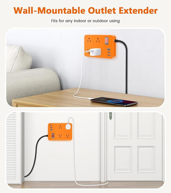 Outdoor Power Strip Weatherproof,Fast Charging Station 20W USB C,Waterproof Surge Protector 4 Outlets, Multi Outlet Extension for Camping, Garden, Kitchen,Bathroom,Flat Plug (Orange, 6 FT Cable)