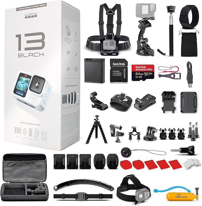 GoPro HERO13 (Hero 13) in Polar White - Waterproof Action Camera with 5.3K HDR Video, 27MP Photos, 1/1.9" Image Sensor, Live Streaming, Webcam + 64GB Card & 50 Piece Accessory Kit - Bundle