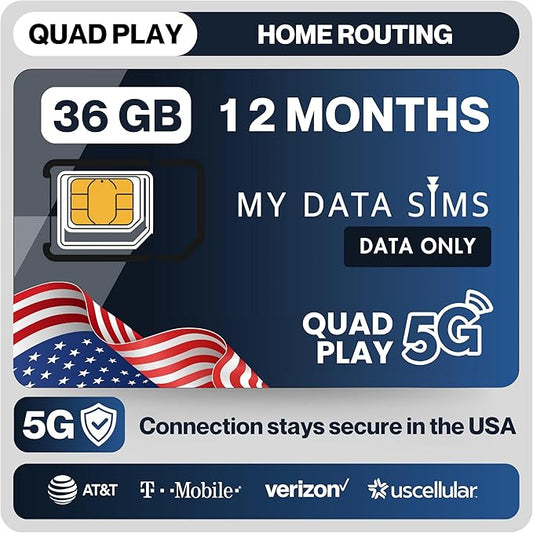 Quad Play 36 GB / 12 Months IoT SIM Card for Unlocked Security, Solar & Hunting Trail Game Cameras, Data Only USA SIM, 4G/5G on AT&T, T-Mobile, Verizon & US Cellular, Triple Cut 3-in-1