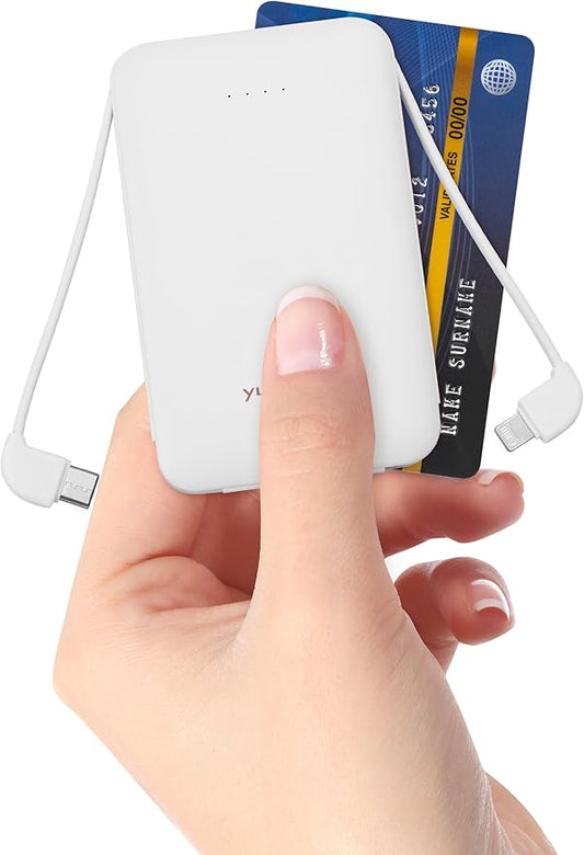 Power Bank, Slimmest 5000mAh Portable Charger with Built in USB-C Cables, USB C in&Out Charging Battery Pack, External Phone Powerbank Compatible with iPhone, Android, White