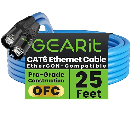 GEARit Shielded CAT6 Ethercon Cable (25 Feet) Professional Audio & Lighting RJ45 EtherCON-Compatible Cable for Studio, Stage, Concerts - 25ft Blue