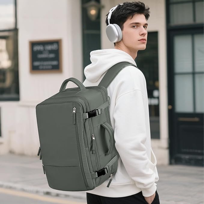 Beraliy Travel Backpack for Men Women, Airline Approved Personal Bag,17.3 Inch Laptop Backpack, Carry On Backpack for Hiking Overnight with USB Charging Hole, Olive-green