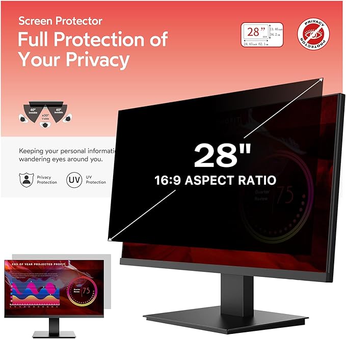 BERSEM 28 Inch Monitor Computer Privacy Screen Filter for 16:9 Ratio Removable Monitor Anti-Glare & Privacy Filters for 28 Inch, Anti Blue Light, Anti-Spy, Anti-Scratch, UV-Blocking