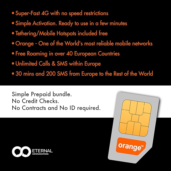 Preloaded Orange Travel Sim Card Now with 12GB of 4G Data, Unlimited Calls & SMS in Europe, 30 mins & 200 SMS from Europe to Worldwide (Lasts for 31 Days). Tethering Allowed