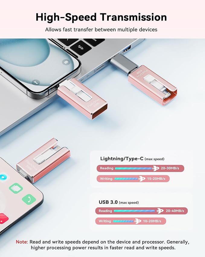 MFi Certified Flash Drive for iPhone 512GB, 3 in 1 Type-C USB Memory Stick Thumb Drive for Photos Videos, High Speed External Memory Storage Photo Stick for iPhone iPad Android PC (Rose Pink)