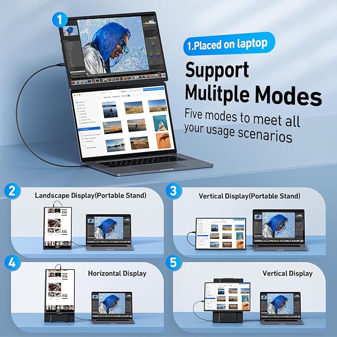 Laptop Screen Extender Monitor Portable - 16.1'' FHD 1200P Portable Screen for Laptops, 360° Rotating, Plug & Play, Detachable Stand, Height Adjustable Laptop Monitor Extender for Mac/Win/Phone/Tablet