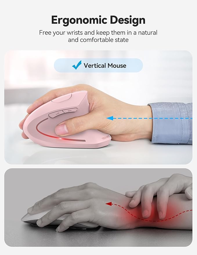 TECKNET Ergonomic Mouse, Rechargeable 2.4G+Bluetooth Vertical Mice 6 DPI Adjustable, Wireless Optical Carpal Tunnel Mouse for Right Hand, Silent 6 Buttons for Laptop, PC, MacBook, iPad - Pink