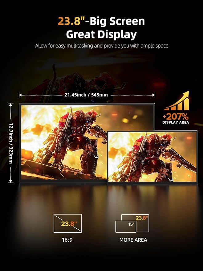 UPERFECT Portable Monitor 23.8” 180HZ, 2.5K Gaming Monitor, 500 Nits 24" Large Monitor with 0.1MS FreeSync, USB-C & HDMI, VESA & Kickstand, QHD IPS, Second Screen for Laptop, Computer, Game Consoles