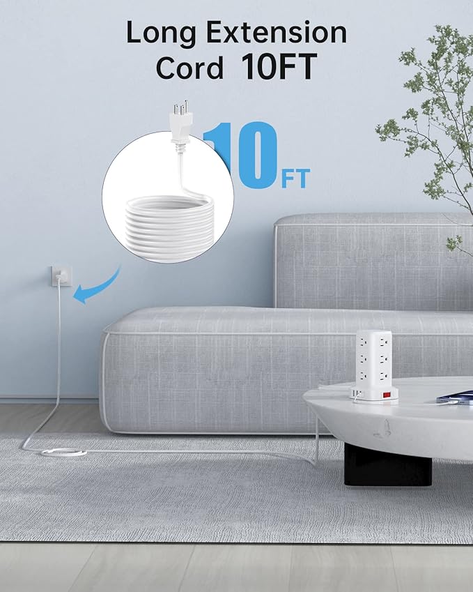 Surge Protector Power Strip 10 FT Cord, Power Strip Tower with 4 USB Ports (1USB C), Extension Cord with 12 AC Multiple Outlets, Home Office Supplies Desk Accessories, Dorm Room Essentials