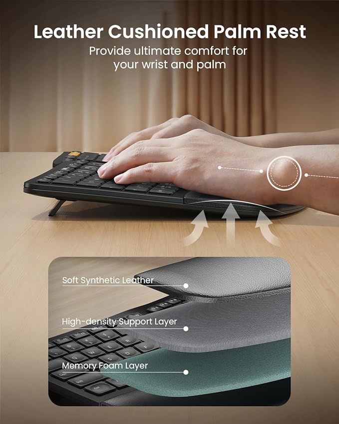 ProtoArc Backlit Bluetooth Ergonomic Keyboard, EK01 Plus Full Size Wireless Split Keyboard with Dual Bluetooth and USB, Cushioned Wrist Rest, Rechargeable, Compatible with Windows/Mac/Android, Black