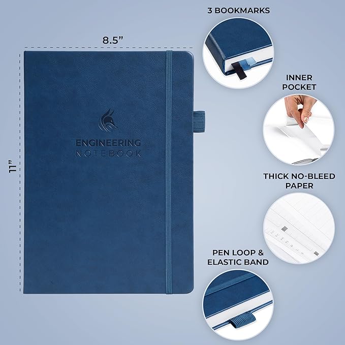 Clever Fox Engineering Notebook – Hardcover Grid Notebook with Numbered Pages, Table of Contents – Patent, Lab & Invention Journal for Engineers & STEM (Dark Blue)