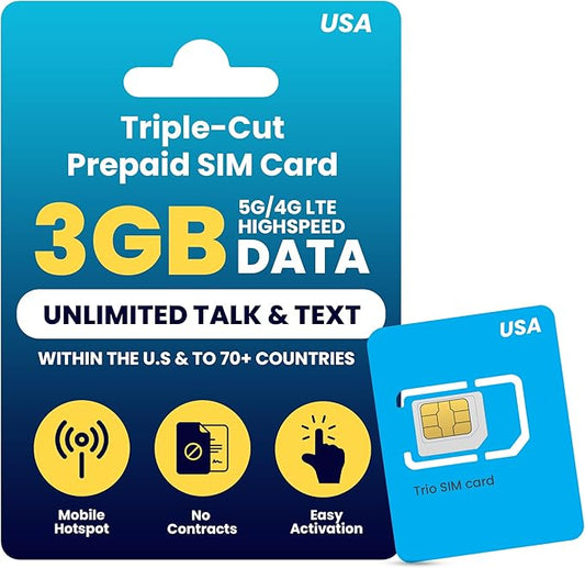 H2O Wireless 90-Day USA Physical Prepaid SIM Card with 3GB High-Speed 4G LTE/5G Data & 2GB Mobile Hotspot, Unlimited Data, Talk & Text to 70+ Countries, Triple-Cut US SIM Card for Cell Phones