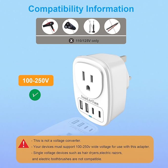 Type G-UK Plug Adapter, VooLerTun England Travel Adapter with 4 USB Ports (2 USB C),1 American Outlet Adapter. US Converter to Ireland Scotland Dubai Hong Kong Travel Essential