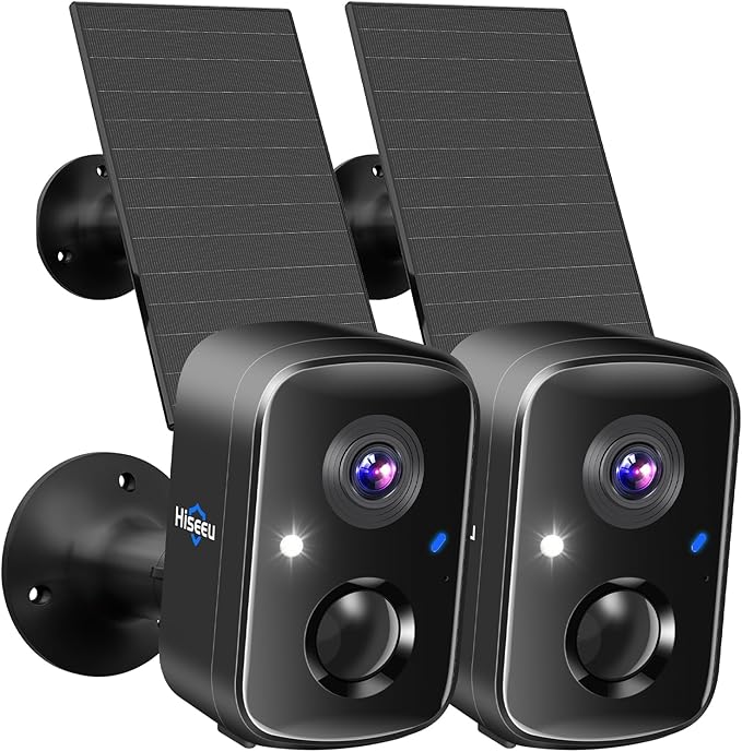 Hiseeu Security Cameras Wireless Outdoor, 2pcs Solar Powered 3K 4MP Surveillance WiFi Cameras for Home Security Outside, PIR/AI Motion Detection, Waterproof, Color Night Vision, 2-Way Audio, Black