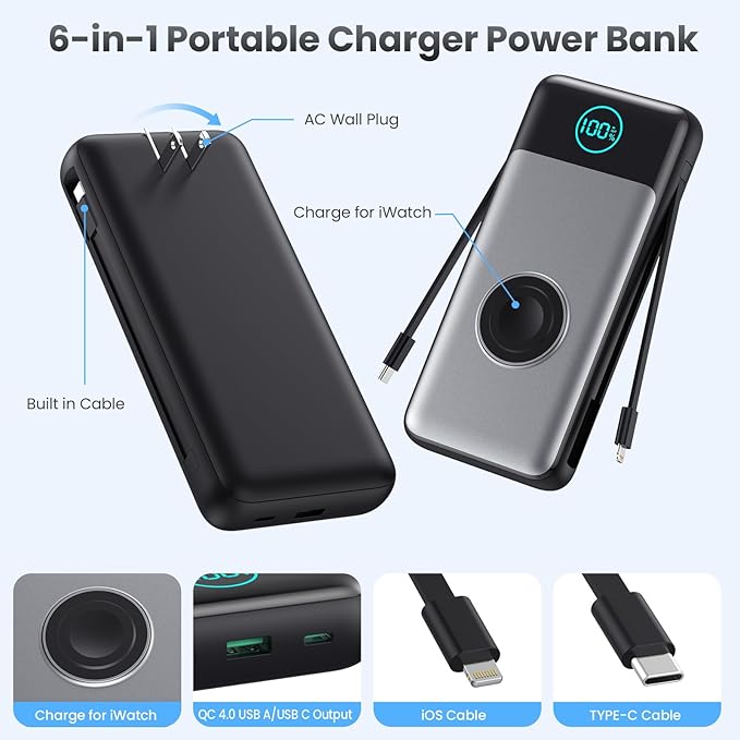 Portable Charger 26800mah for iPhone with Built-in Cables & AC Wall Plug,6-in-1 USB C Power Bank with iWatch Charger,25W PD Fast Charging Battery Pack for iPhone16/15/14/ 13/12,Android,Apple Watch etc