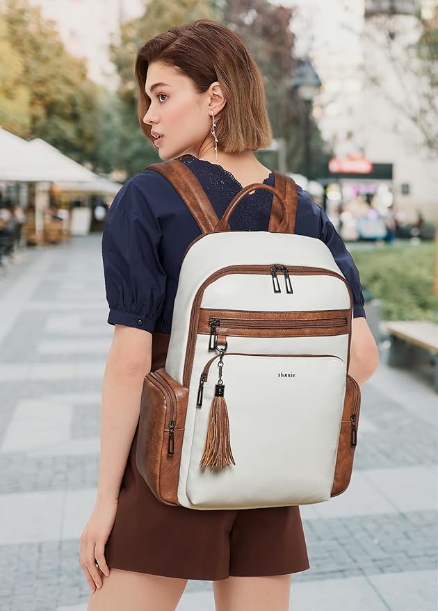 Shrrie Laptop Backpack for Women Fits 16 inch Laptop,Designer Backpacks for Women with Computer Compartment to Business (Beige)