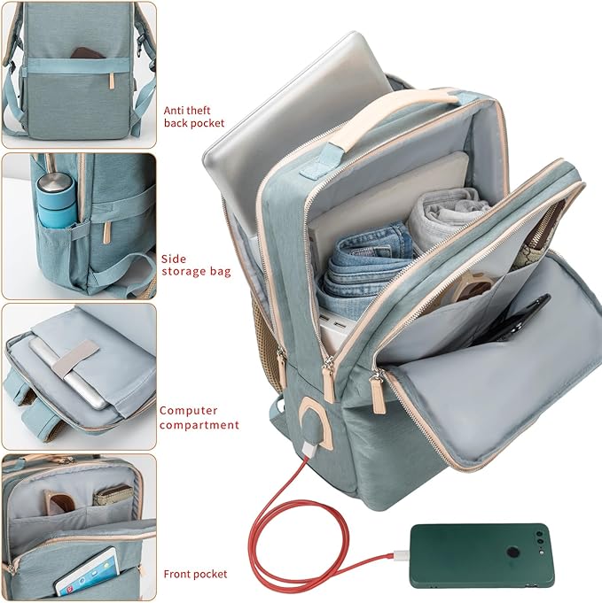 NOBLEMAN Laptop Backpack for Women, Professional Adult Office Commuter Womens Computer Backpack, Luxury Lightweight Carry on Travel Personal Item Bag For Airlines Fits 16 Laptop (Aqua)