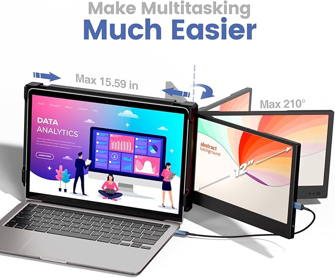 Teamgee Laptop Screen Extender, 12” Portable Monitor for Laptop FHD 1080P Glare-Free IPS Dual Screen, Works with Mac Windows Android Chrome Linux, Fits 13”~16.5” Laptops, Built-in Speakers & HDR