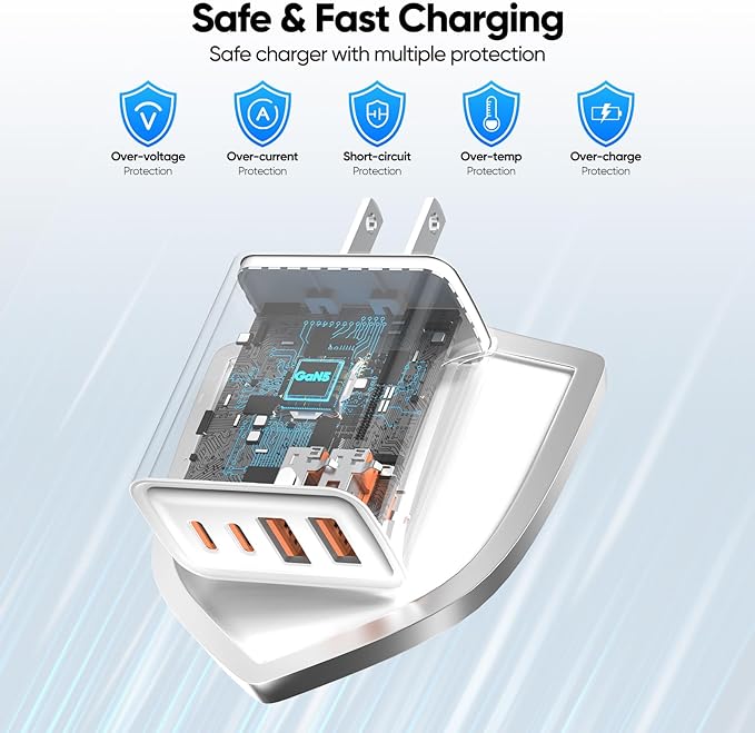 [2-Pack] USB C Charger,80W 4-Port Type C Fast Charging Block,USBC Multiport Wall Plug PD&QC GaN Charging Cube with 6.6FT USB C Cable for iPhone 16/15/14/13/12/11/Pro Max/XS/XR, Samsung（White
