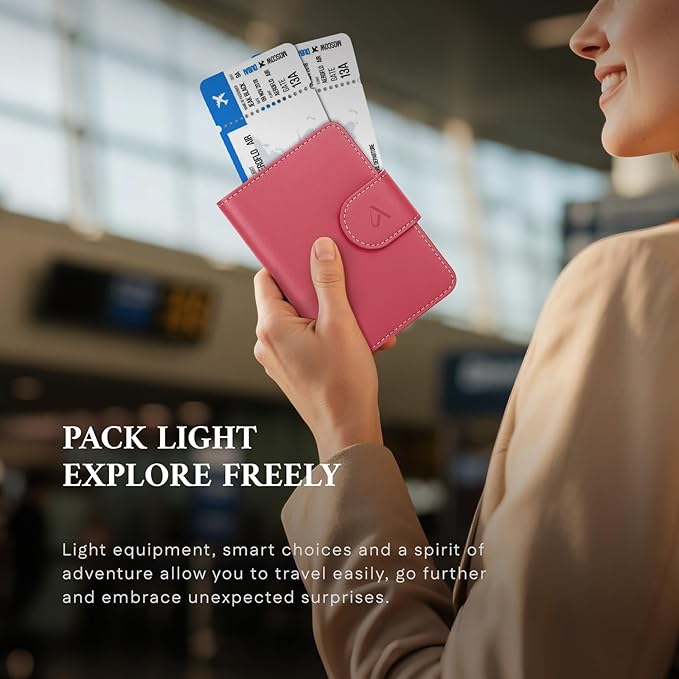 ALLIVE Rfid Passport Holder for Travel, Women, Rfid Passport Cover Wallet, Genuine Leather Passport Holder for Travel with AirTag Hidden, Airport Essentials, Travel Gifts (Rose Pink)