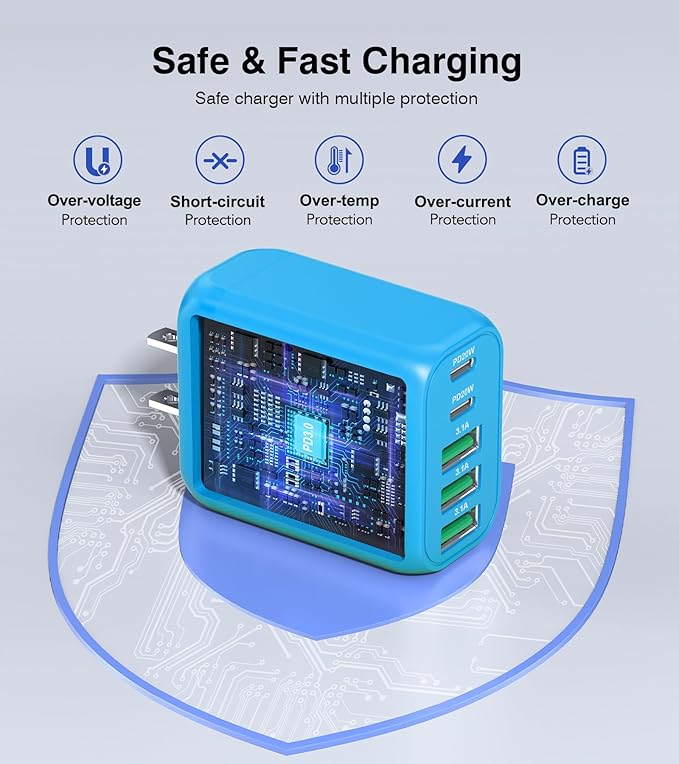 2-Pack USB C Wall Charger Block,50W 5-Port C Charger Fast Charging Block PD Power Adapter +QC 3.0 Multiport Type C Box Charger Cube USB A Wall Plug for iPhone 14/15/16/17 Pro Max,Samsung Galax