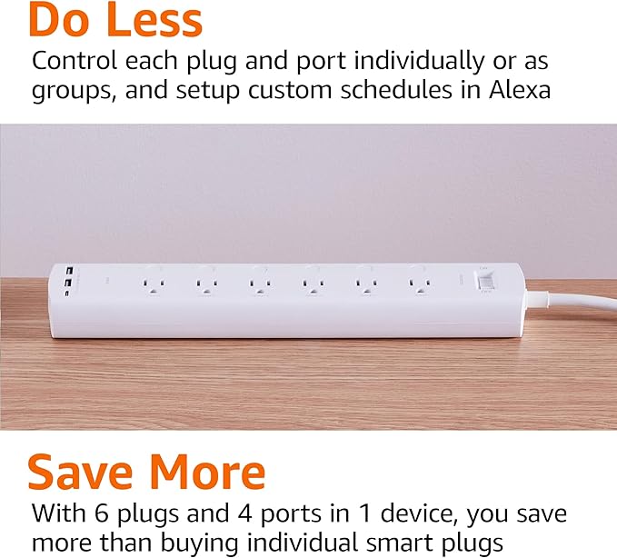 Amazon Basics Smart Plug Power Strip with 6 Individually Controlled Outlets and 3 USB Ports (2 USB-A and 1 USB-C), Works with Alexa Only, 2.4 GHz Wi-Fi, No Hub Required, White