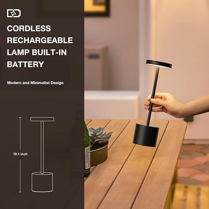 Kakanuo Cordless Lamp, Rechargeable Lamp, Touch Control, 3 Color Temperature, LED Outdoor Wireless, Battery Operated Lamps, Stepless Dimmable, Black